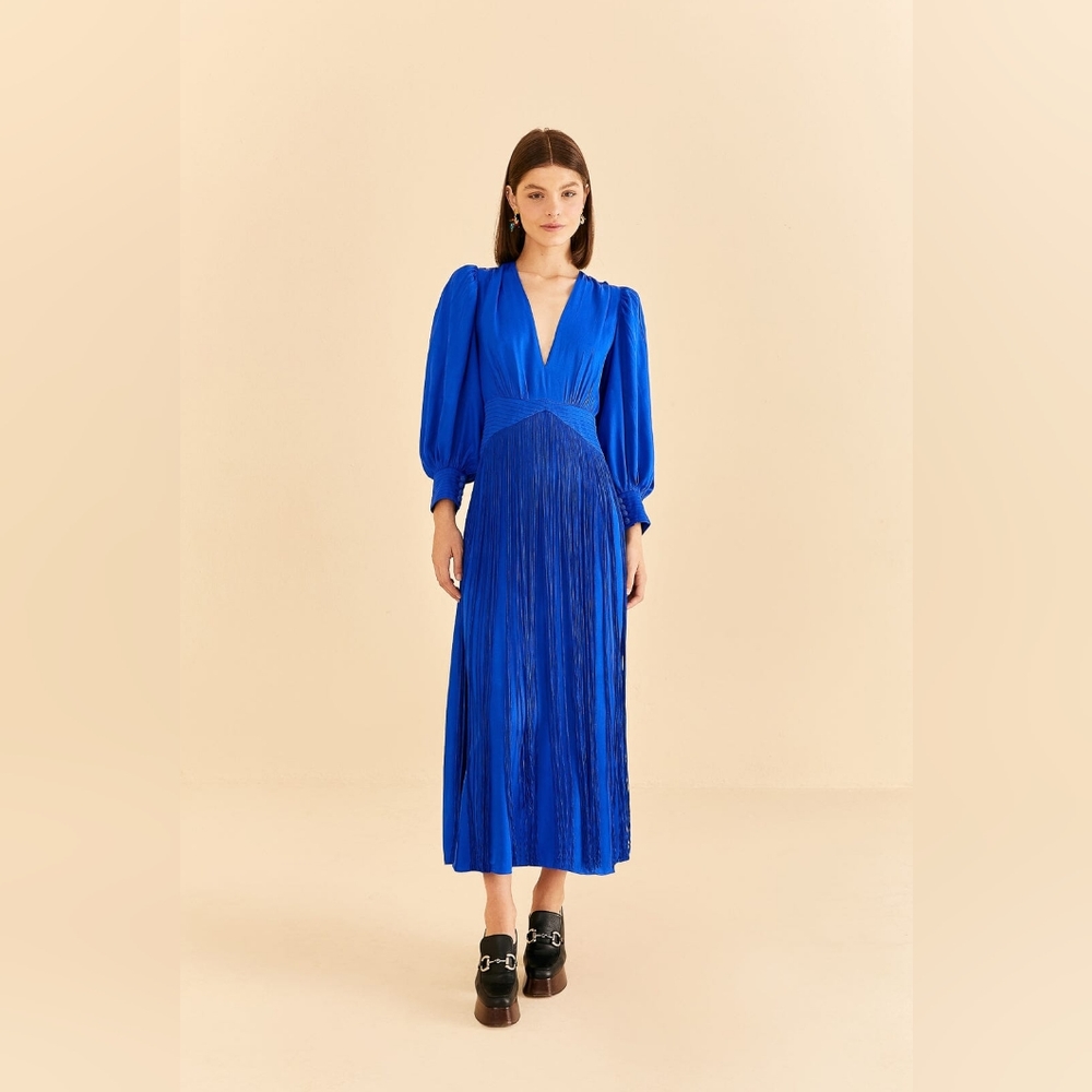 FARM Rio Electric Blue Pleated Midi Dress